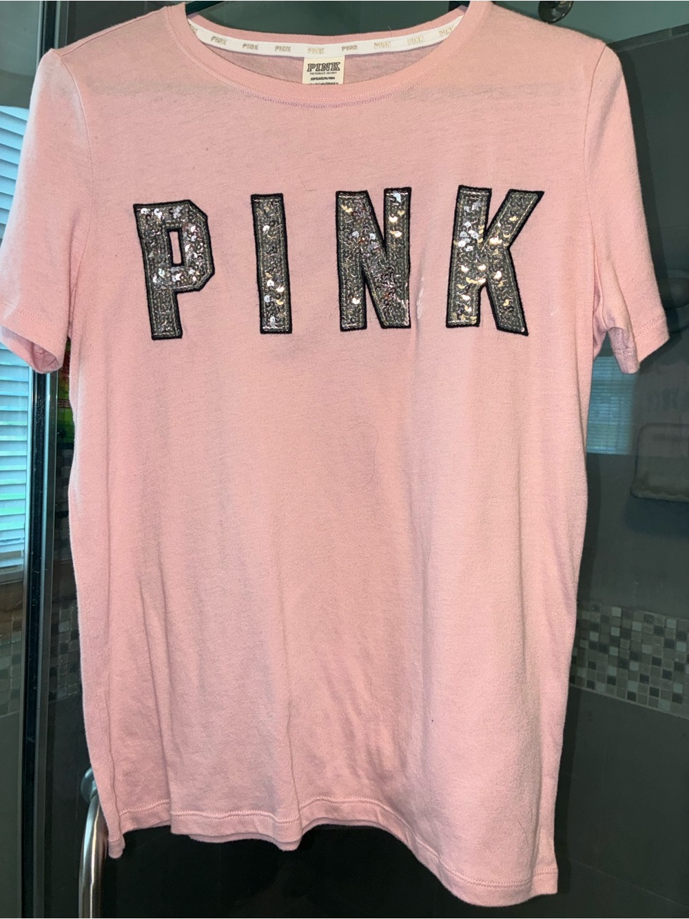 PINK Victoria's Secret Light Pink Sequin Logo Short Sleeve Tee